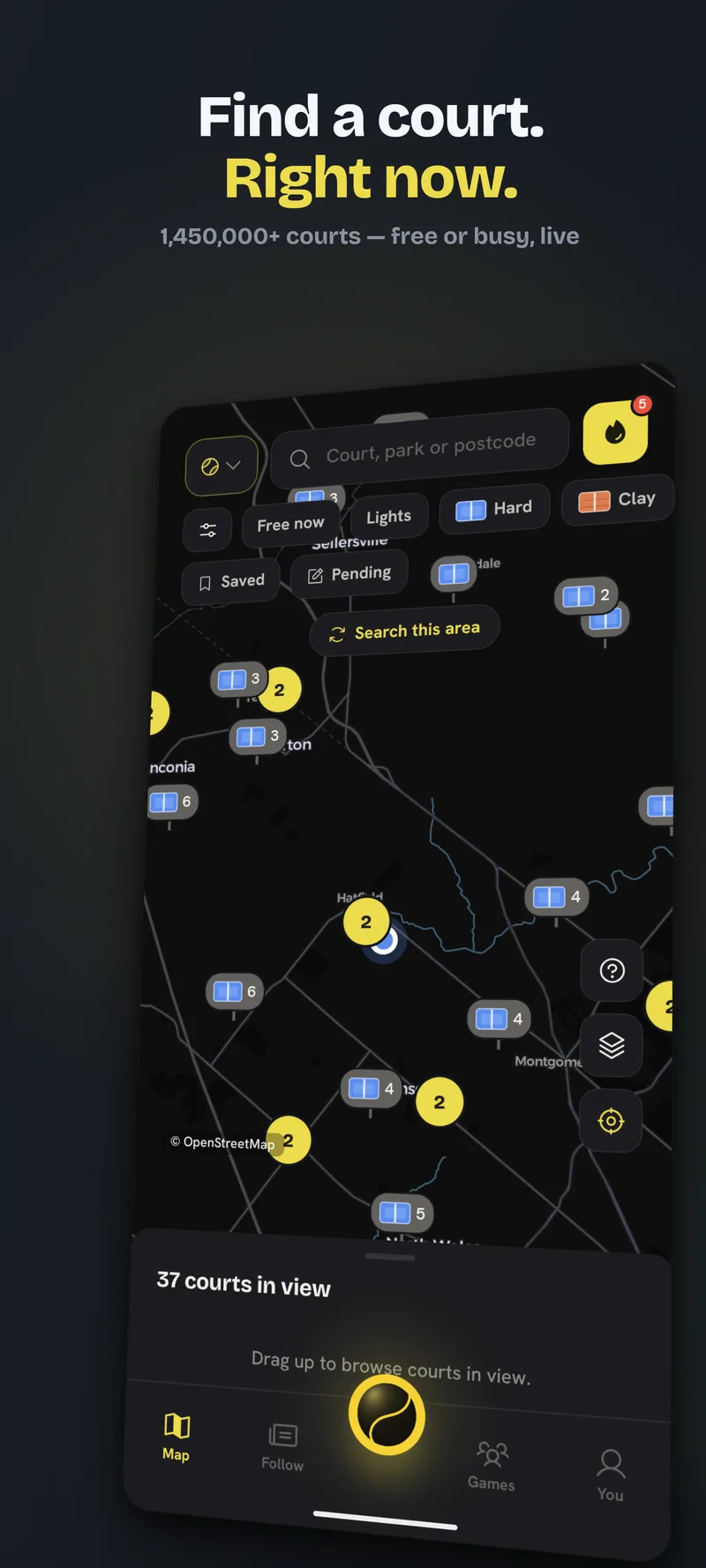 Rally map screen: live court availability pins across a city